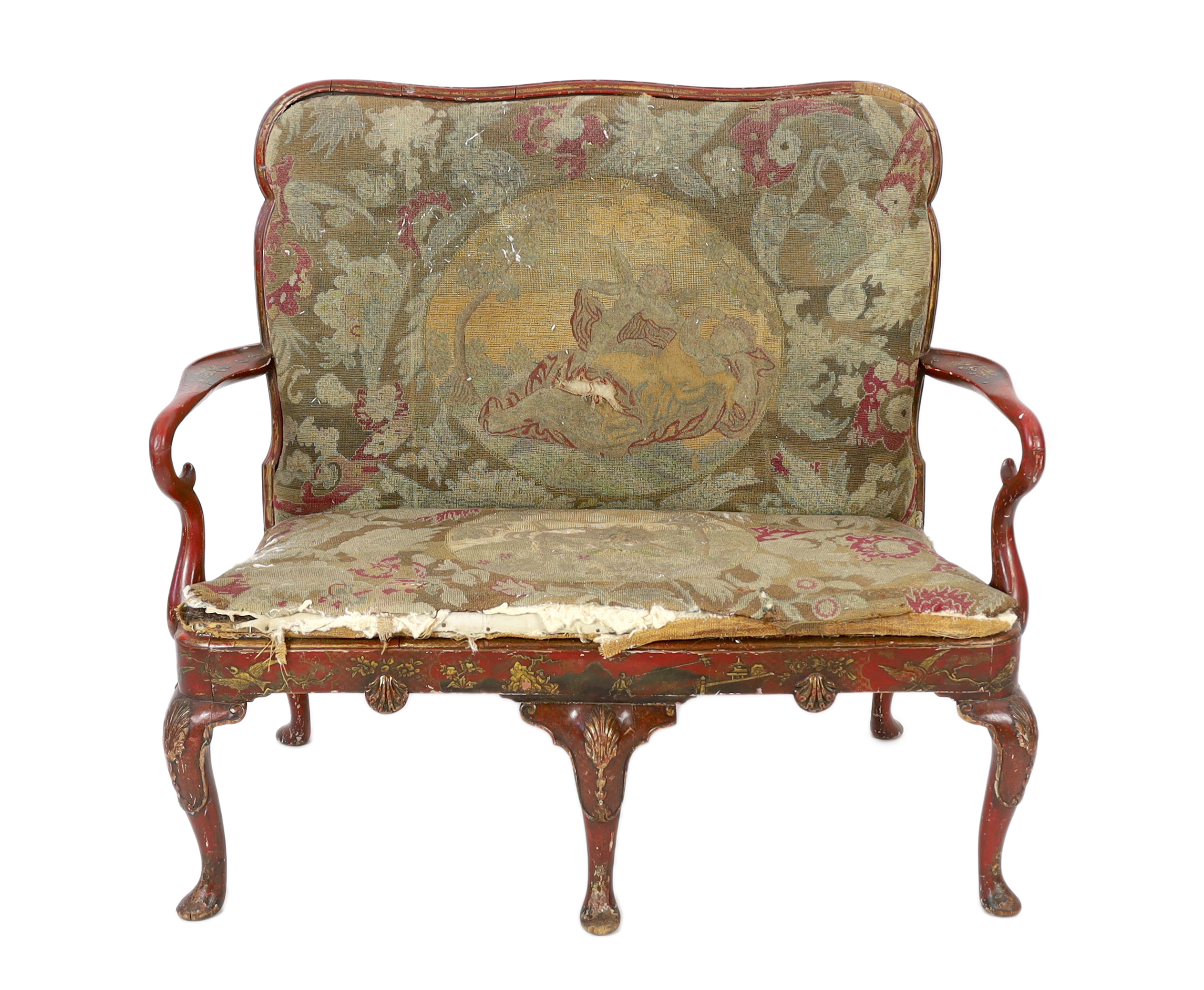 A Queen Anne revival red lacquer settee